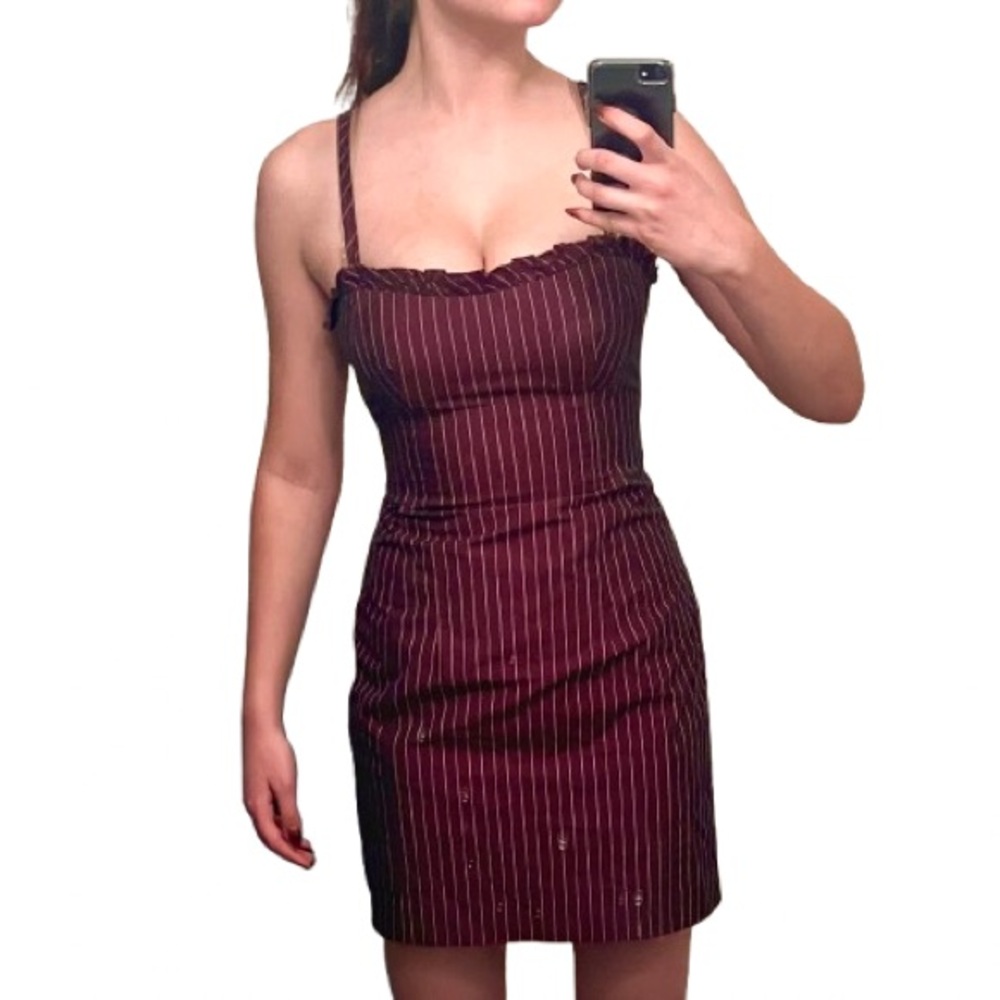 Nanette Lepore Brown and Pink Pinstripe Mini Dress Ruffle Neckline Bodycon